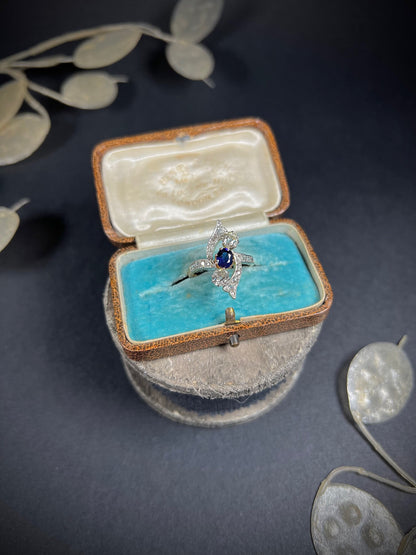 Victorian 18 Carat Yellow Gold Sapphire and Diamond Marquise/Navette Ring, Circa 1880