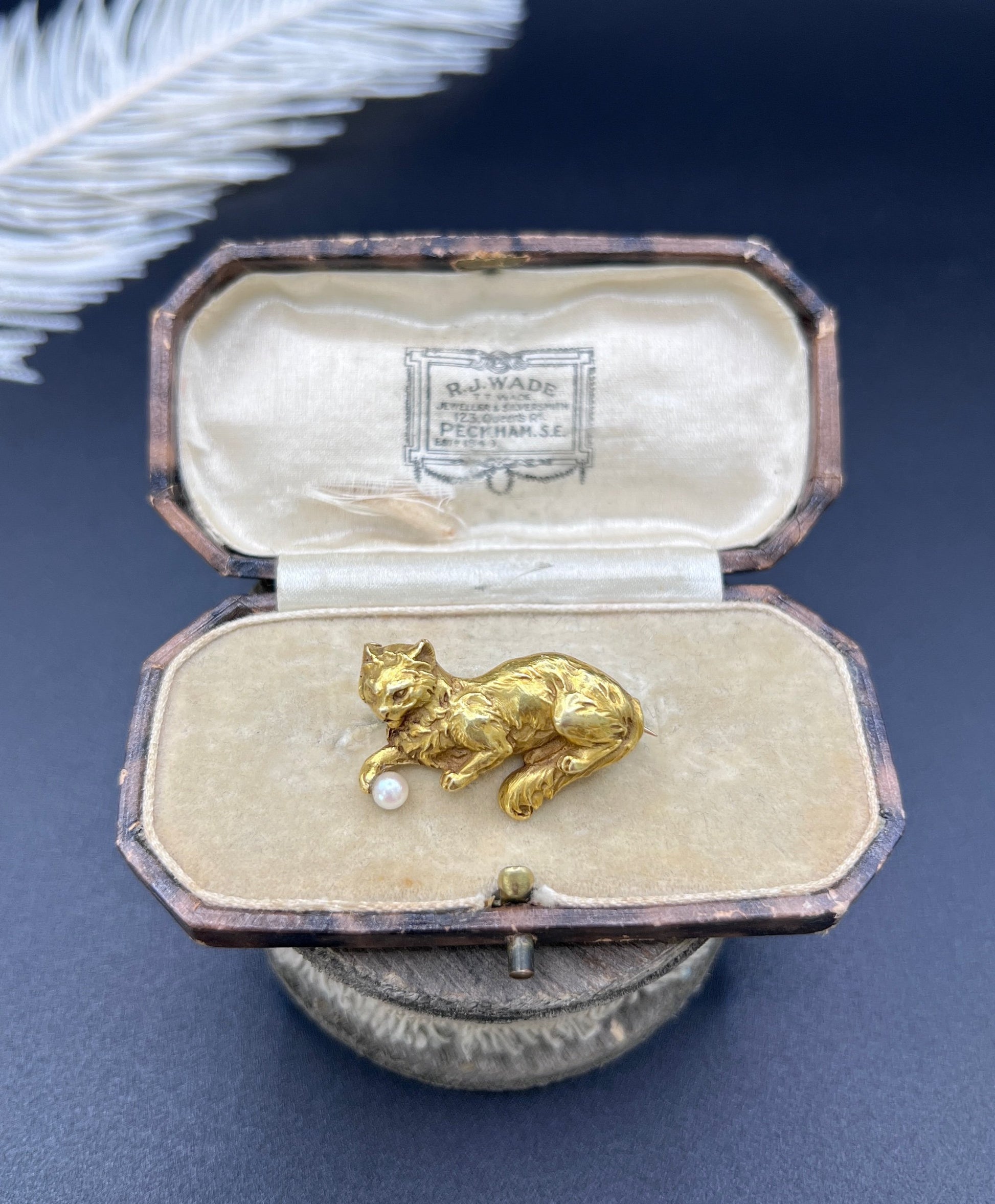Edwardian 18 Carat Gold Cat Playing with Pearl Ball Brooch, Circa 1910