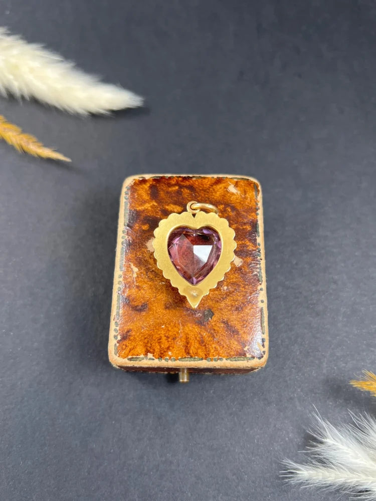 Antique Amethyst And Pearl Heart Pendant In 15 Carat Yellow Gold