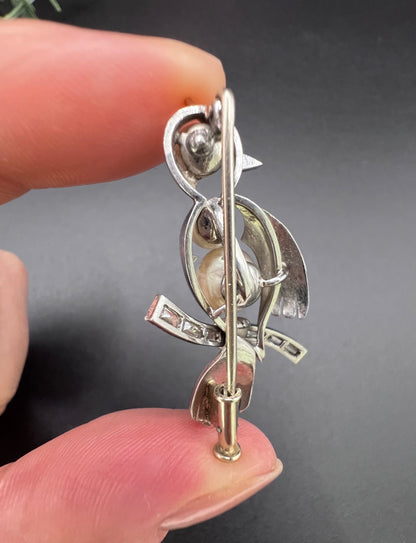 Antique Platinum, 1920s Bird Brooch, Pearls and Natural Diamonds