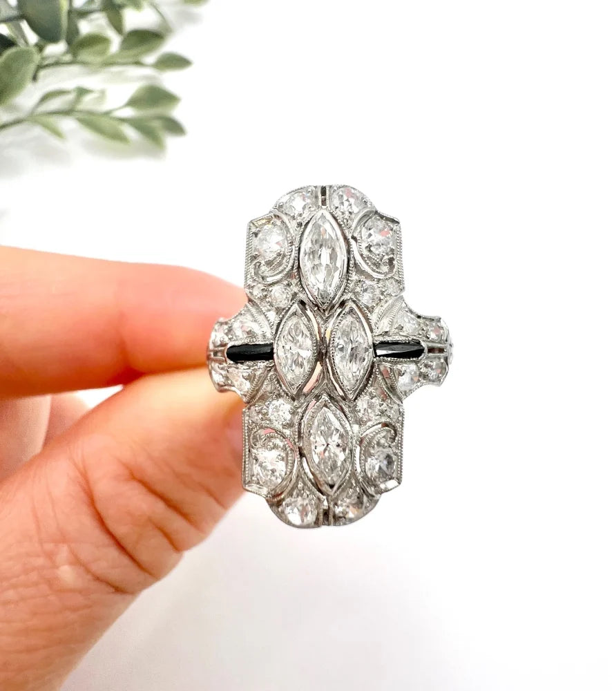 Vintage Marquise Diamond and Onyx Plaque Ring
