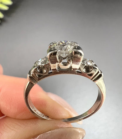 Antique Platinum 1920's Single Stone Diamond Engagement Ring With Diamond Shoulders