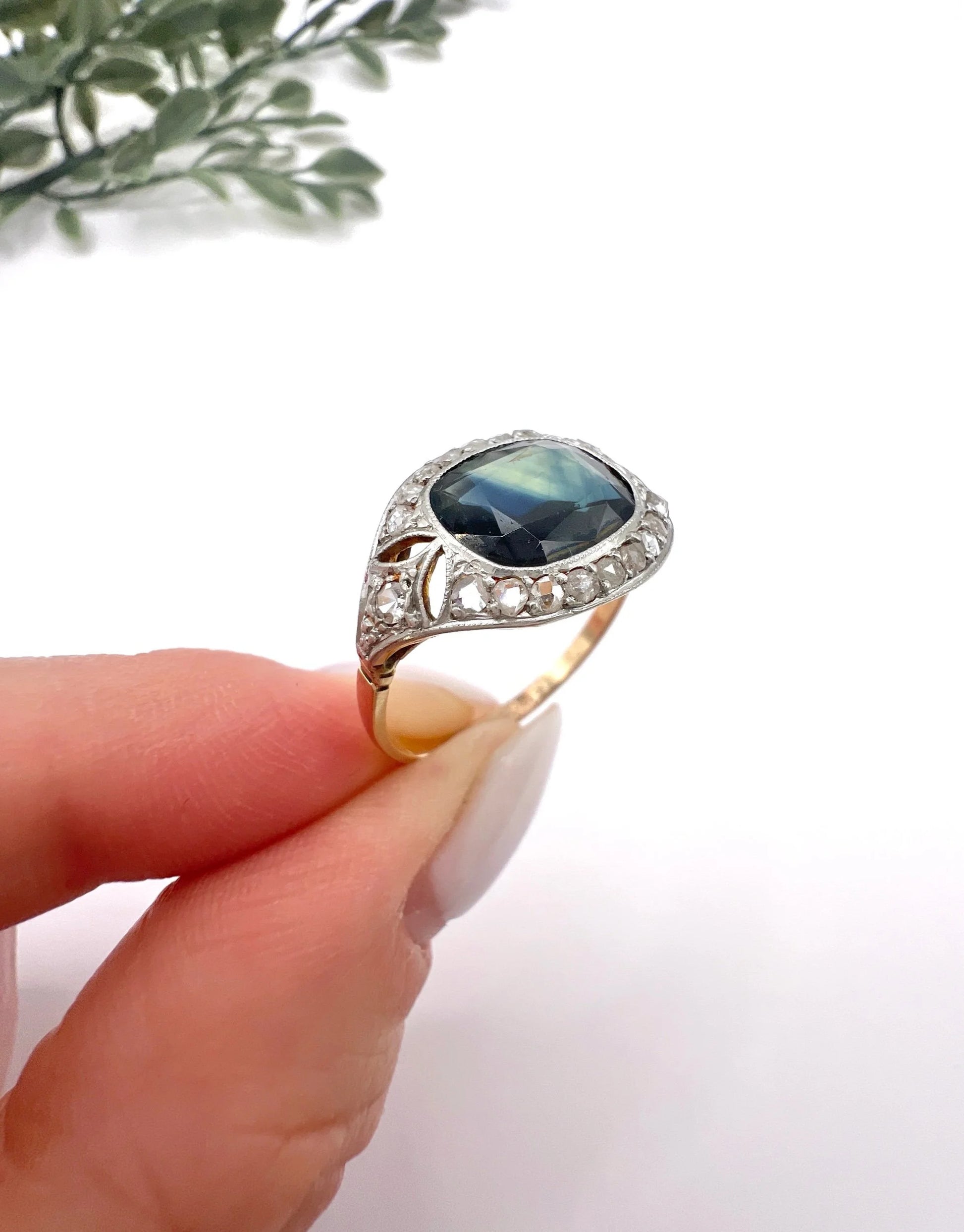 Antique 18ct Gold & Platinum, Edwardian Cushion Cut Sapphire and Diamond Ring