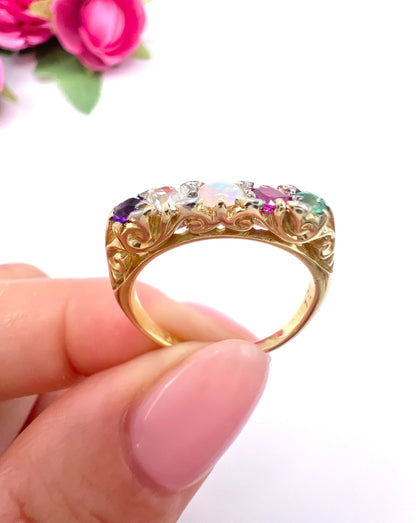 Victorian 18 Carat Gold ADORE Amethyst, Diamond, Opal, Ruby and Emerald Ring