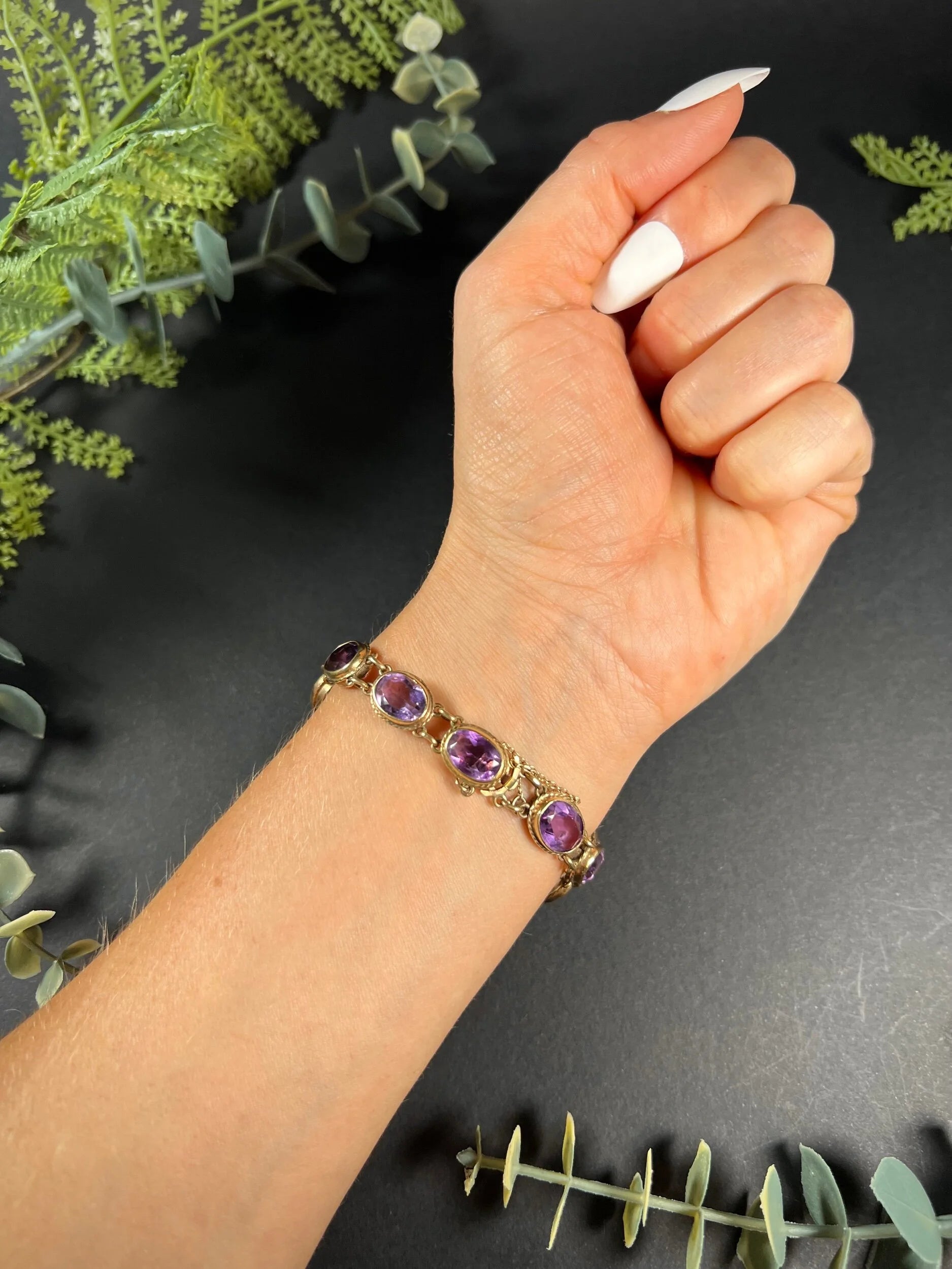 Antique 9ct Gold Edwardian Faceted Amethyst Bracelet