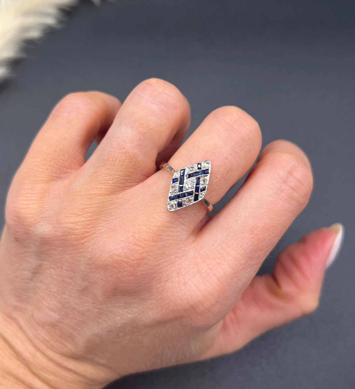 Antique 18 Carat Gold And Platinum Art Deco Sapphire And Diamond Marquise Ring