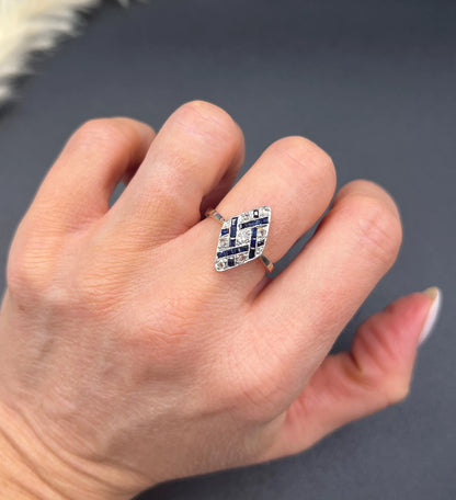 Antique 18 Carat Gold And Platinum Art Deco Sapphire And Diamond Marquise Ring