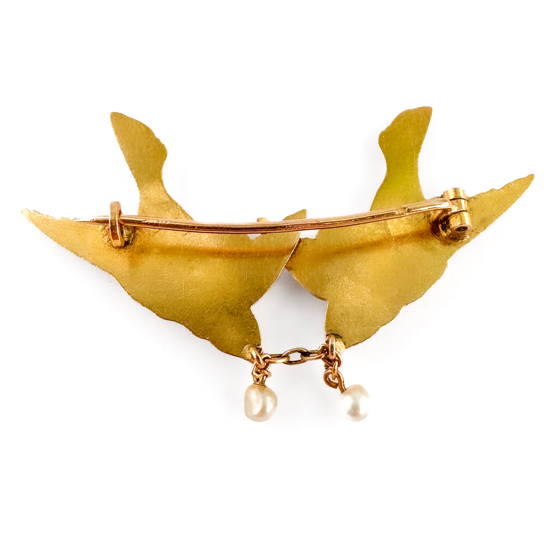 Antique French 18ct Yellow Gold Love Bird Brooch with Natural Pearls