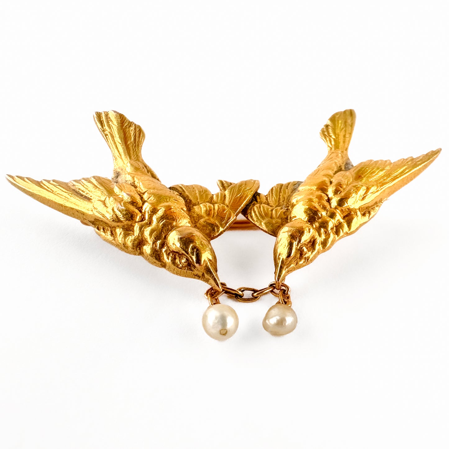 Antique French 18ct Yellow Gold Love Bird Brooch with Natural Pearls