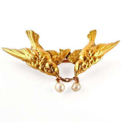 Antique French 18ct Yellow Gold Love Bird Brooch with Natural Pearls