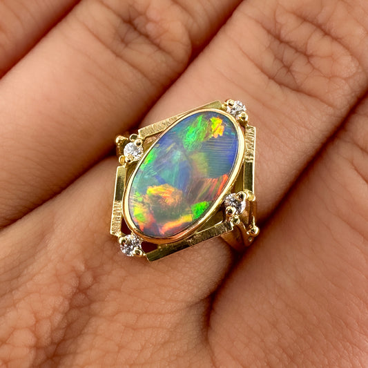 Vintage Geometric Black Opal and Diamond Statement Ring