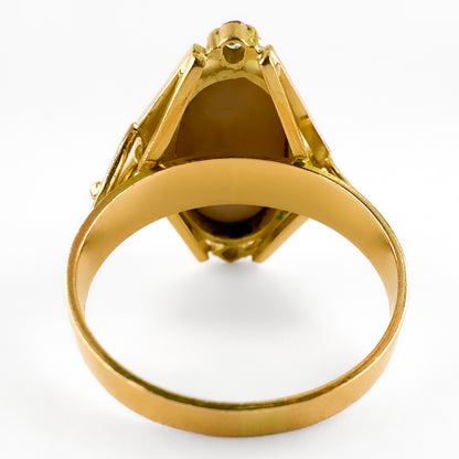 Vintage Geometric Black Opal and Diamond Statement Ring in 18ct Yellow Gold, Circa 1960s 1970s