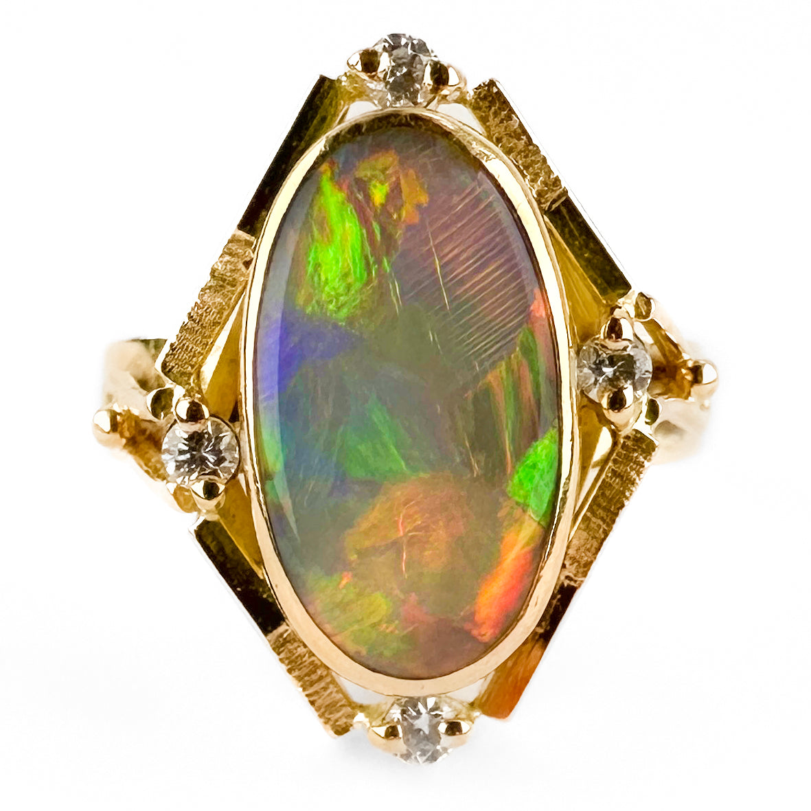 Vintage 18 Carat Gold Geometric Black Opal and Diamond Statement Ring