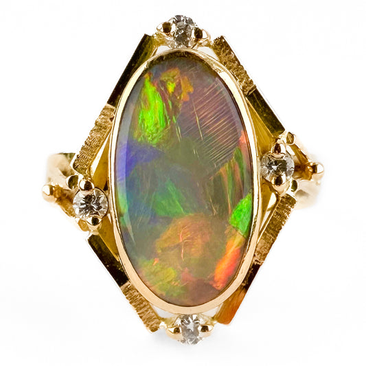 Vintage 18 Carat Gold Geometric Black Opal and Diamond Statement Ring