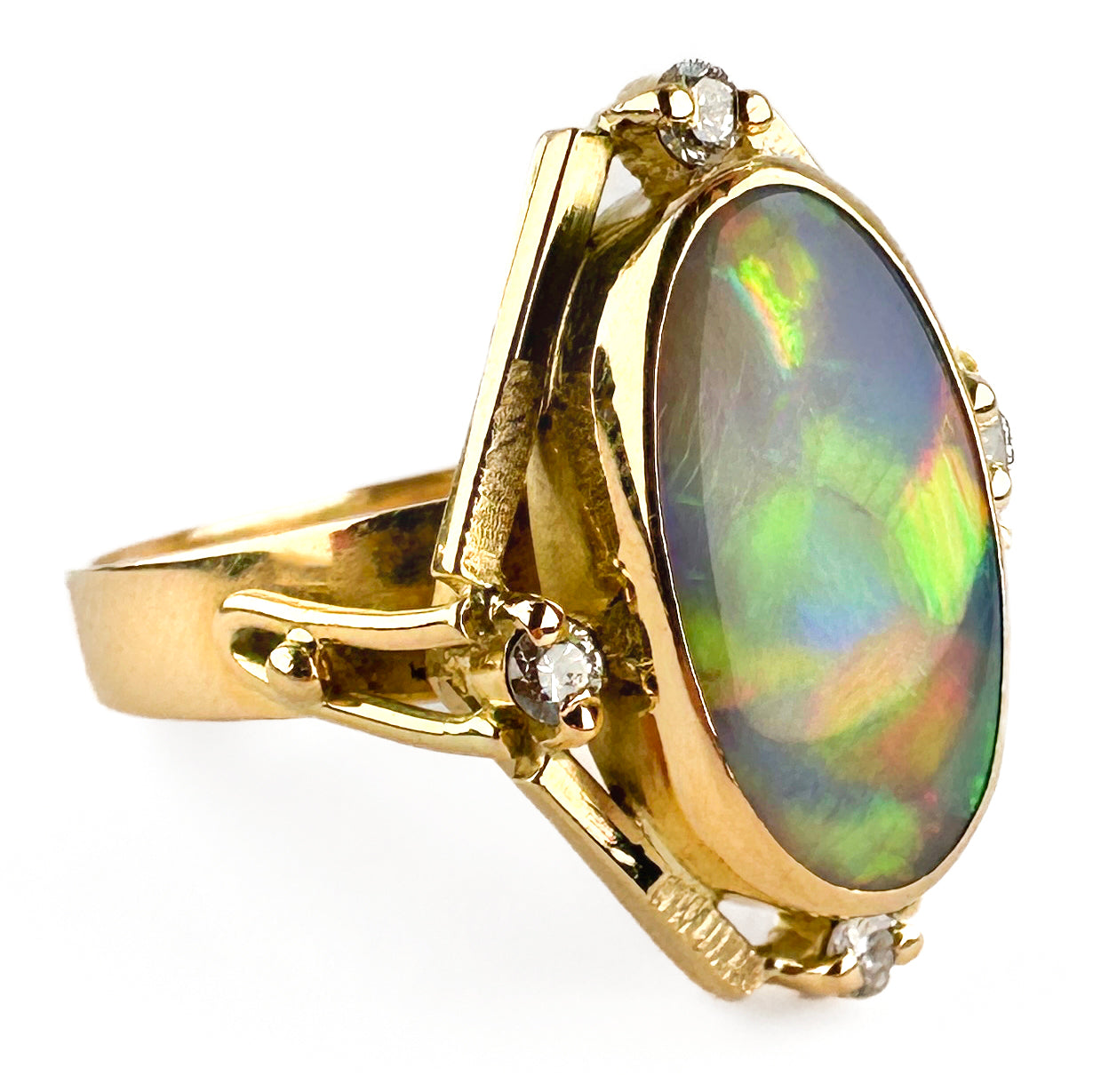 Vintage Geometric Black Opal and Diamond Statement Ring
