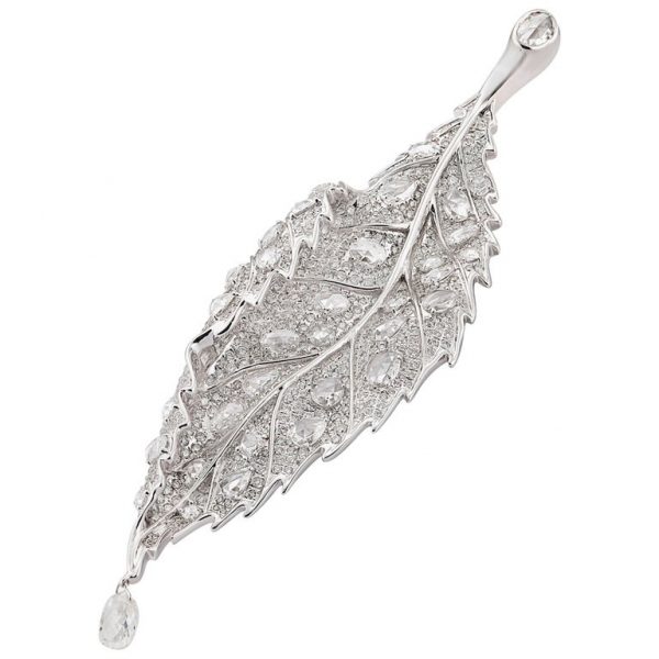 Rose Cut and Briolette Diamond Leaf Brooch, 4.13ct total, 18ct White Gold