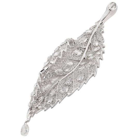 Rose Cut and Briolette Diamond Leaf Brooch, 4.13ct total, 18ct White Gold
