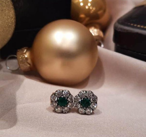 Emerald and Diamond Cluster Stud Earrings