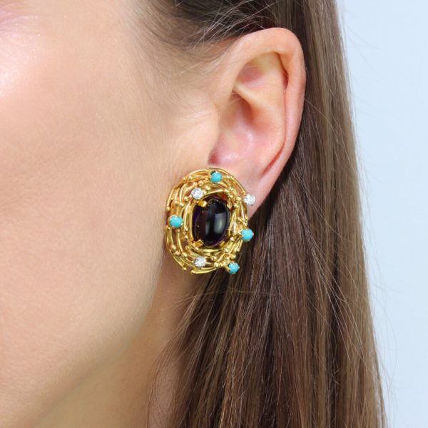 Vintage Amethyst, Turquoise and Diamond Clip On Earrings by Alan Martin Gard