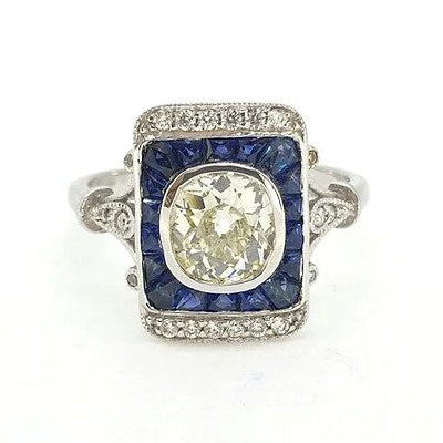 1.25ct Old Cut Diamond and Calibre Sapphire Tablet Ring