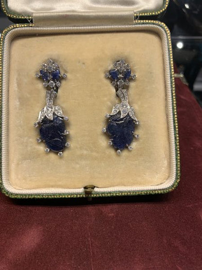 Vintage 20ct Carved Sapphire Diamond and Platinum Drop Earrings, Circa 1940s