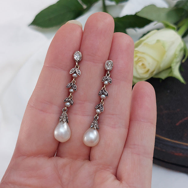 Edwardian Antique Certified Natural Pearl and Diamond Drop Earrings