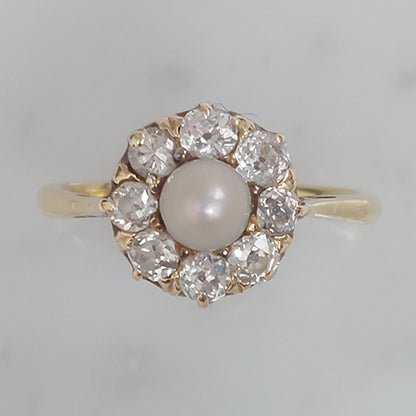 Vintage Natural Pearl and Diamond Cluster Ring