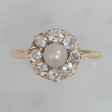 Vintage Natural Pearl and Diamond Cluster Ring