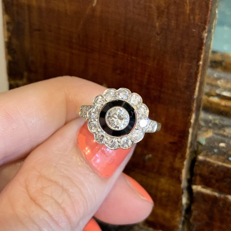 Antique Art Deco Onyx and Diamond Rosette Ring