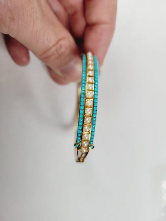 Antique Victorian Natural Pearl and Turquoise Gold Bangle Bracelet