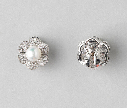 Italian Akoya Pearl and Diamond Flower Cluster Earrings Signed By Georgio Visconti
