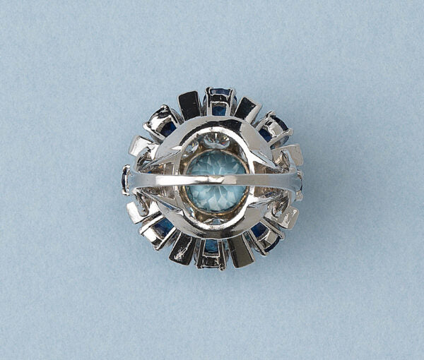 Vintage Aquamarine, Sapphire and Diamond Bombe Ring in Platinum