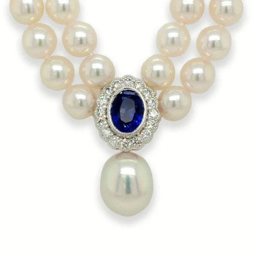 Akoya Double Row Pearl Necklace with Sapphire and Diamond Cluster