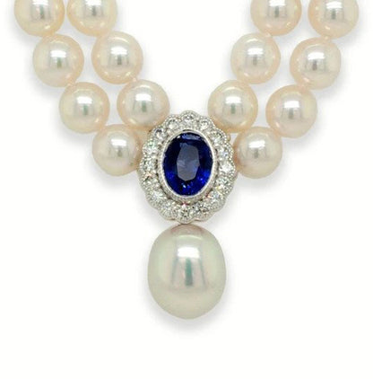 Akoya Double Row Pearl Necklace with Sapphire and Diamond Cluster