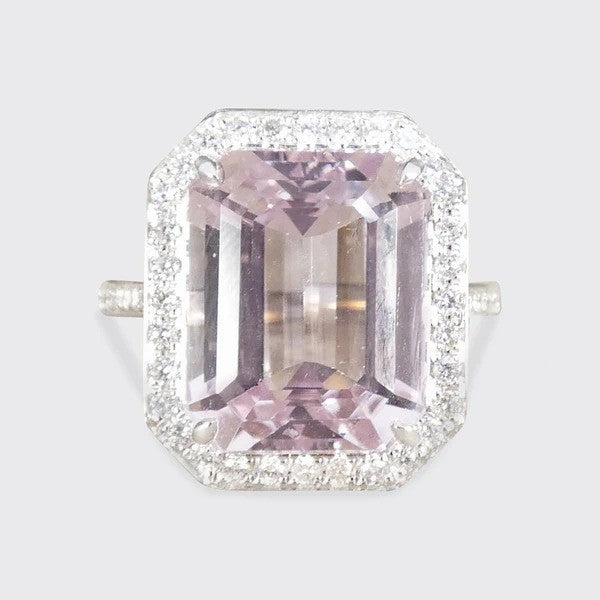 8.38ct Emerald Cut Pink Kunzite and Diamond Cluster Ring