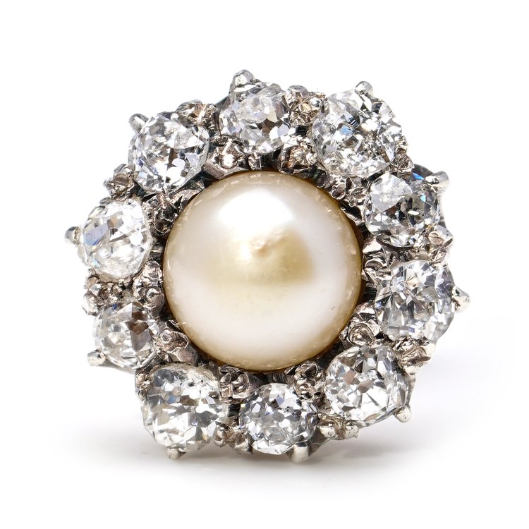 Antique Pearl and Old Cut Diamond Cluster Earrings