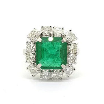 4ct Zambian Octagonal Emerald and Diamond Cluster Ring in Platinum