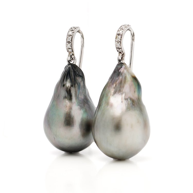 Vintage Tahitian Pearl Drop Earrings with Diamonds