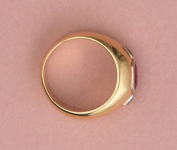 Vintage French Ruby and Diamond Three Stone Dress Ring in 18ct Yellow Gold, 1.68 carats, unheated