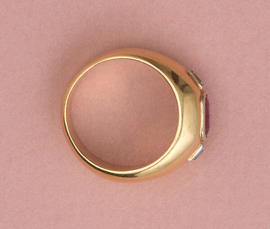 Vintage French Ruby and Diamond Three Stone Dress Ring in 18ct Yellow Gold, 1.68 carats, unheated