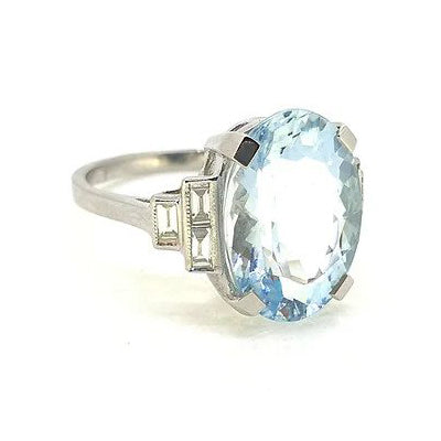 6.50ct Oval Aquamarine and Baguette Diamond Engagement Ring in Platinum