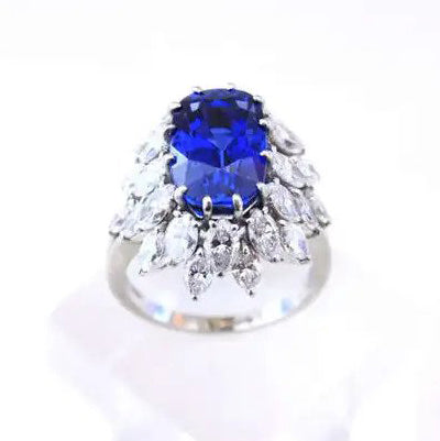 Vintage Boucheron Certified 7.70ct Natural No Heat Burma Sapphire and 4ct Marquise Diamond Cluster Ring