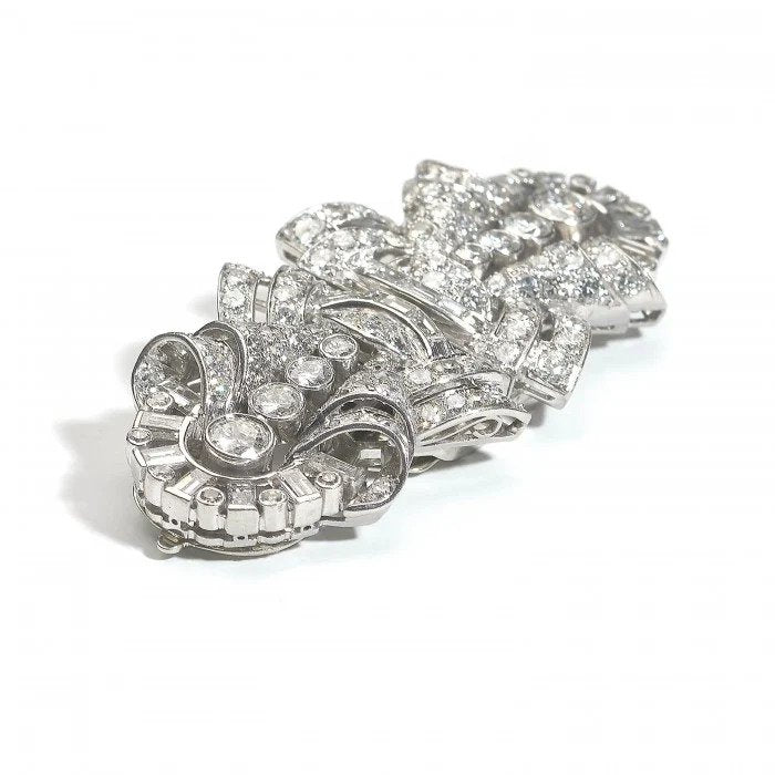 Art Deco 7ct Diamond Double Clip Brooch in Platinum