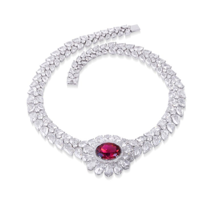 Rubellite and Rose Cut Diamond Necklace, 67.09 carats, 18ct White Gold