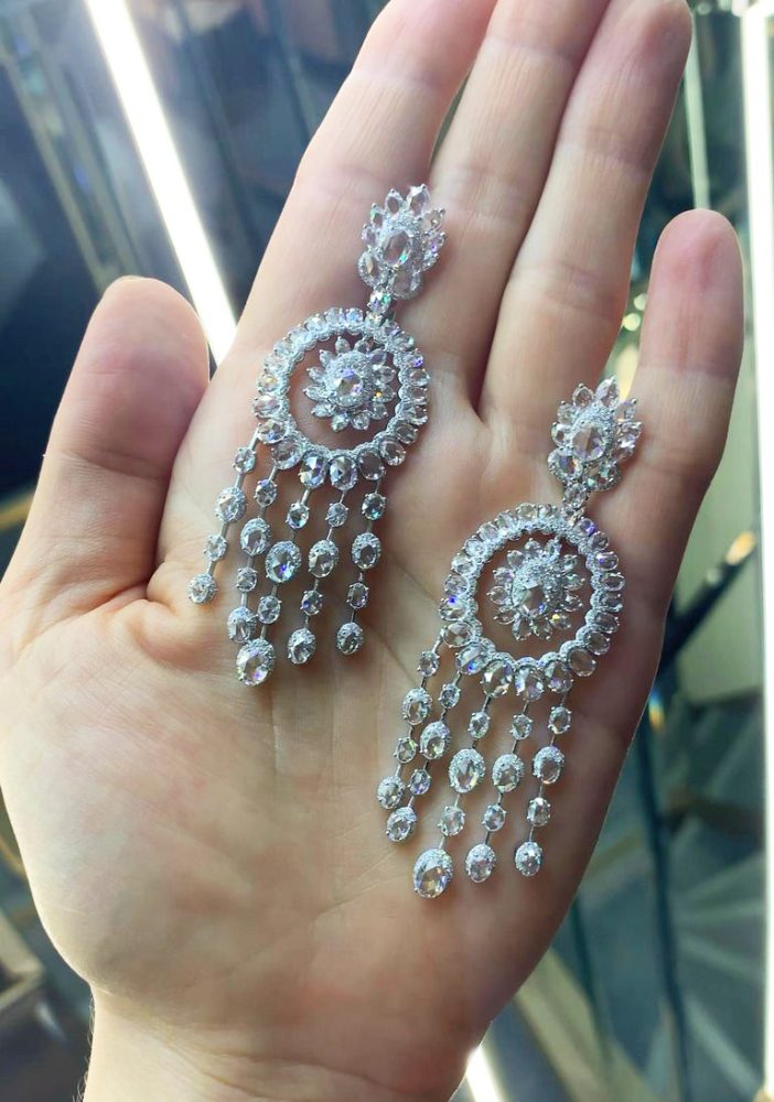 Rose Cut Diamond Chandelier Earrings, 14.25 carat total, 18ct White Gold