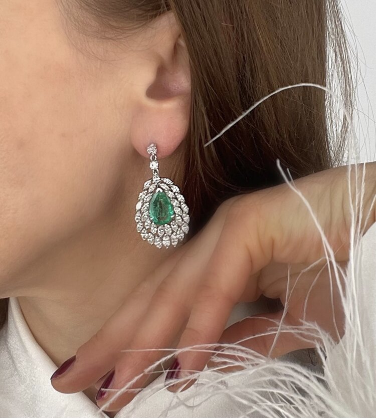 4.6ct Colombian Emerald and Marquise Diamond Cluster Earrings