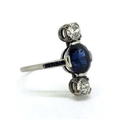 Natural Sapphire and Old Cut Diamond Trilogy Ring in Platinum