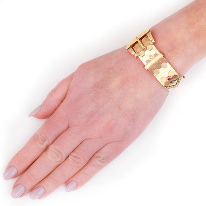 Vintage 18ct Gold Buckle Bracelet with Pink Sapphire and Diamonds