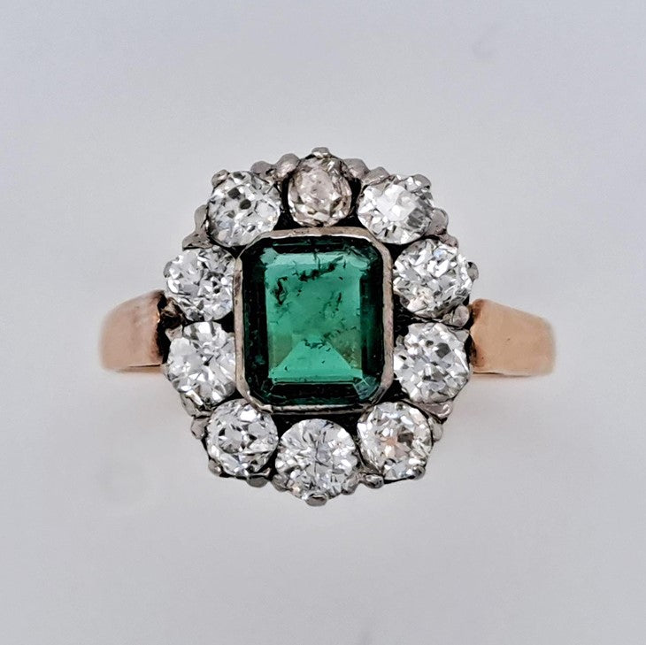 Antique Emerald and Diamond Floral Cluster Engagement Ring