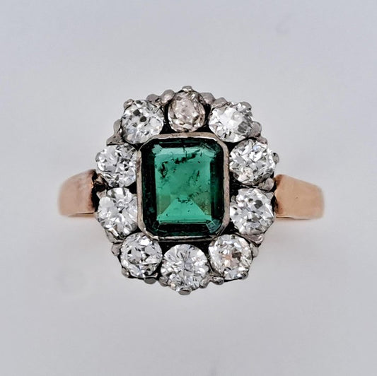 Antique Emerald and Diamond Floral Cluster Engagement Ring